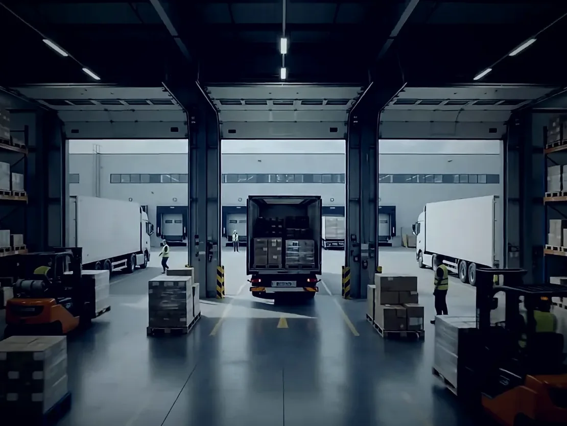 Trailers loaded at warehouse dock doors, with pallets staged and forklifts working the bay