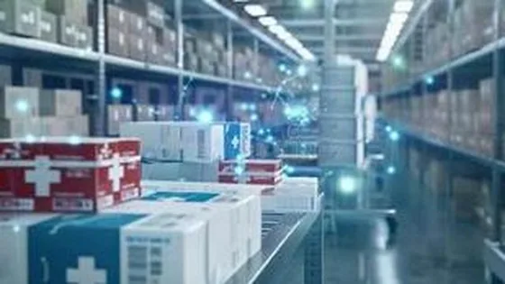 Medical supplies moving on a conveyor in a healthcare distribution warehouse