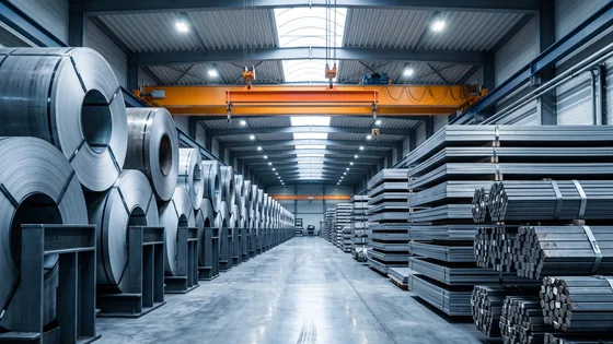 Steel coils, sheet stacks and bundled long bars stored under an overhead gantry crane in a steel service centre